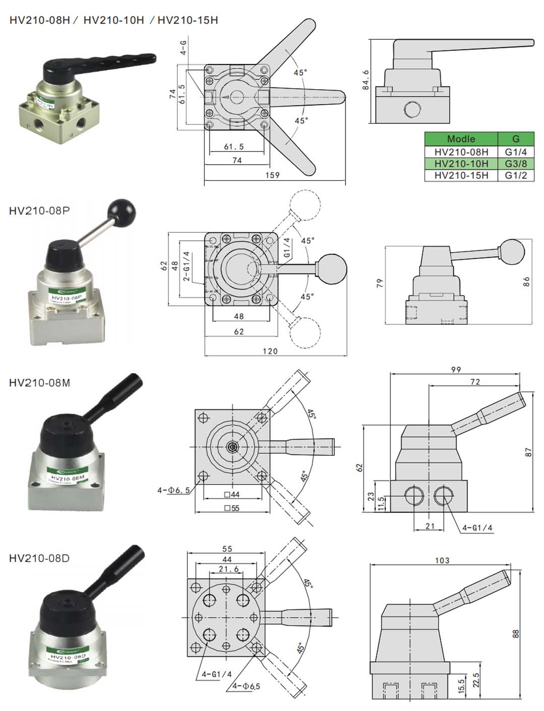 HV210-08 Rotary Lever Valve pneumatic hand valve